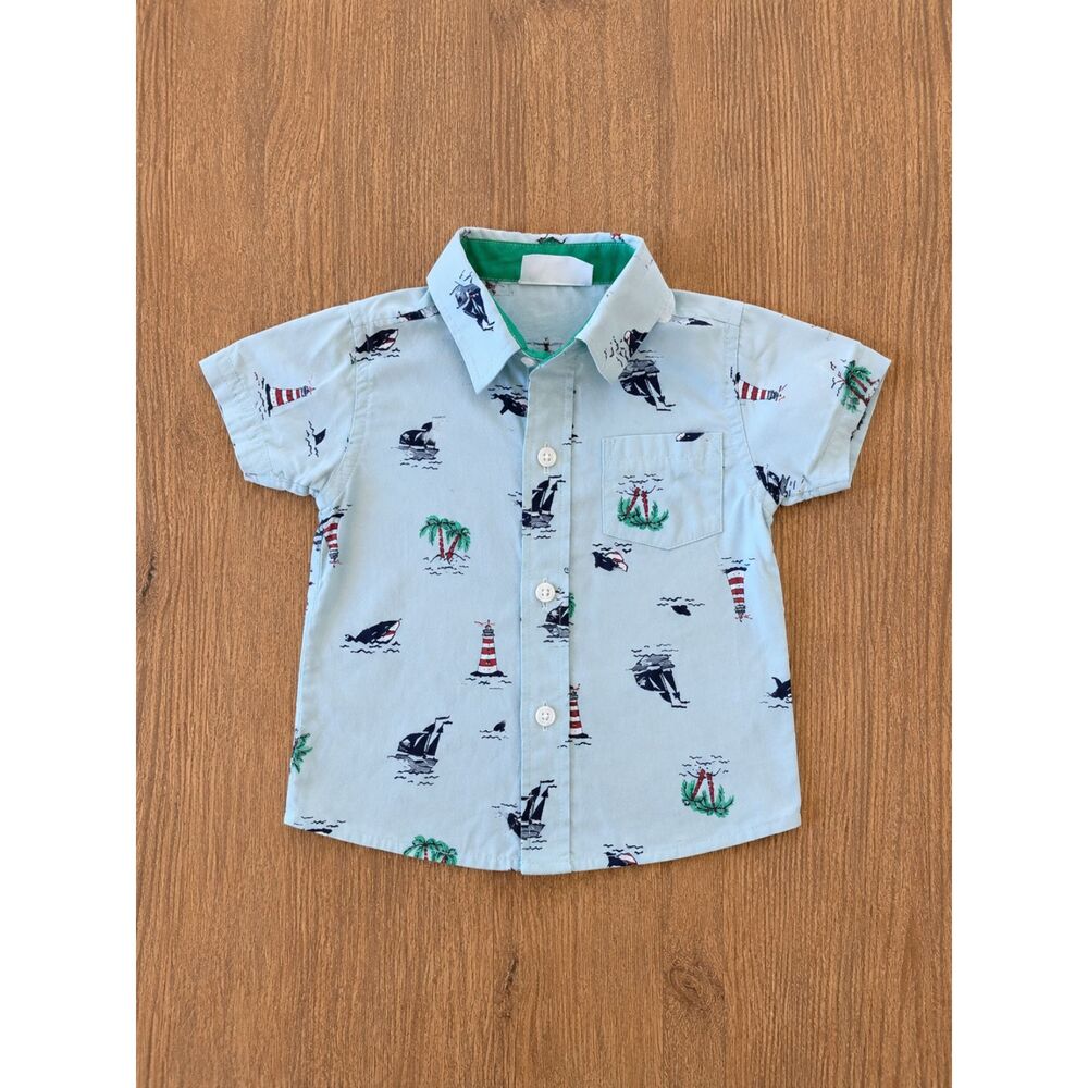 Bon Bebe 0-3M Nautical Button-Up Shirt | Sailboats & Lighthouse Print